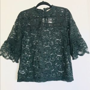 LOFT Hunter Green Lace Sheer Top